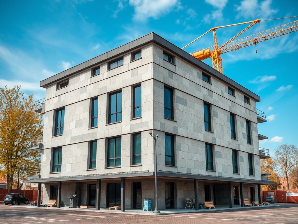 Современное здание с большими окнами и строительным краном на фоне голубого неба.