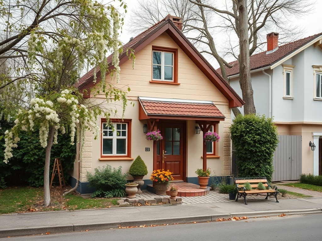 Красивая одноэтажная загородная усадьба с цветами и зеленью в уютном жилом районе.