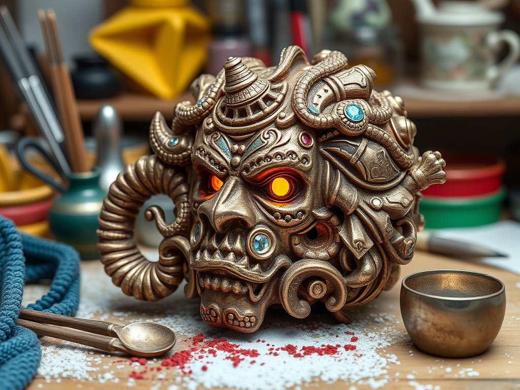 Скульптура головы с яркими глазами, украшенная камнями, на столе с инструментами и приправами.