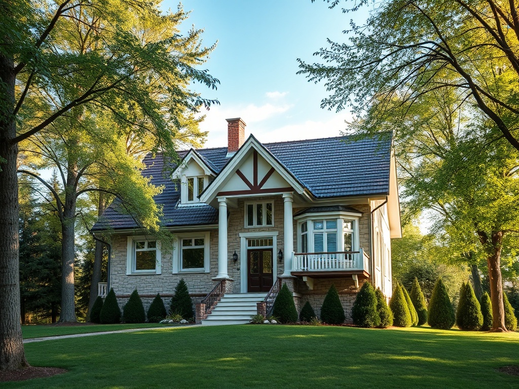 Современный загородный дом с уютным двором и зелеными деревьями вокруг, солнечный день.