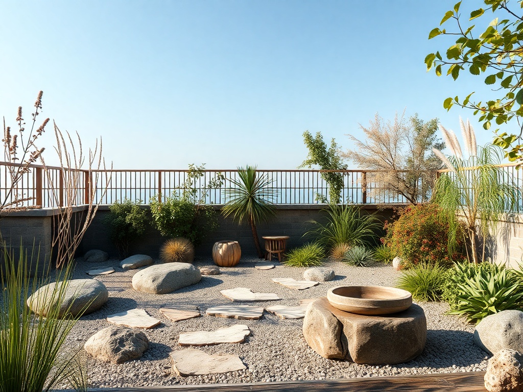 Сады с камнями и растениями, вид на океан, спокойная атмосфера, ясное голубое небо.