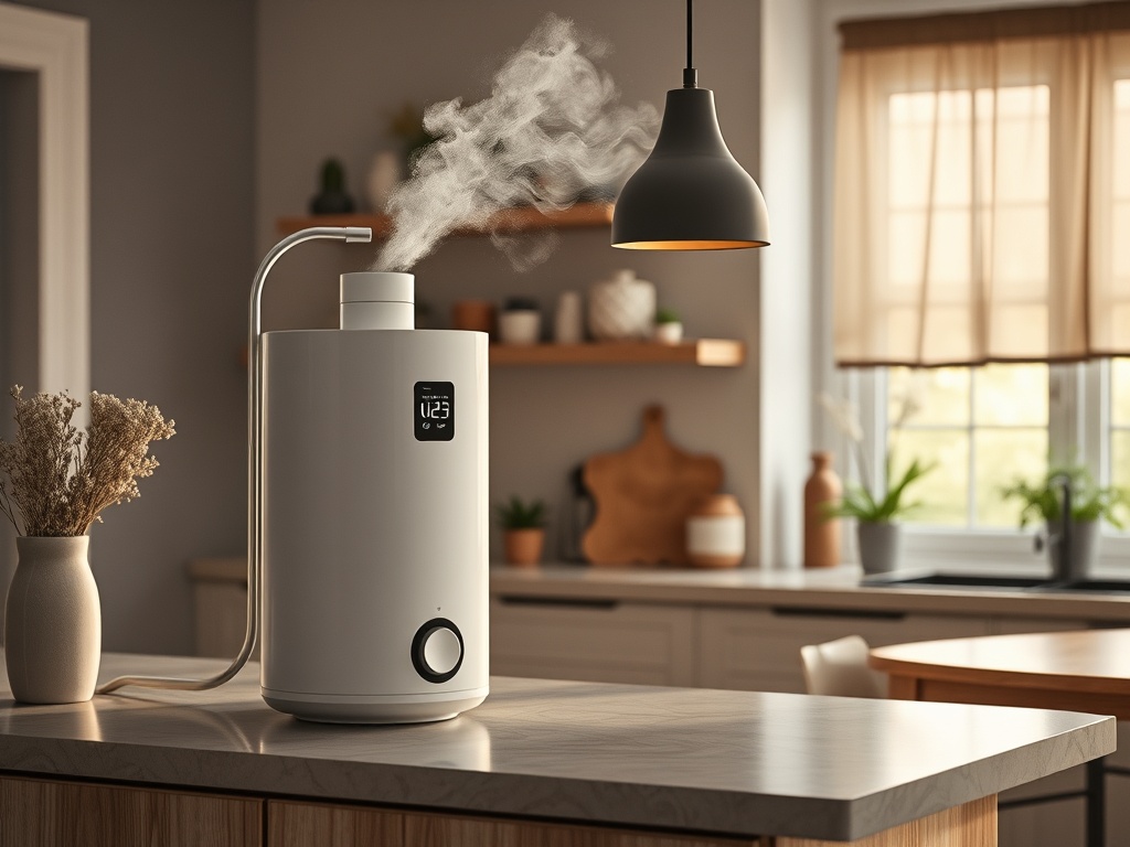Электрический увлажнитель воздуха на столе в светлой кухне, пар поднимается к потолку.