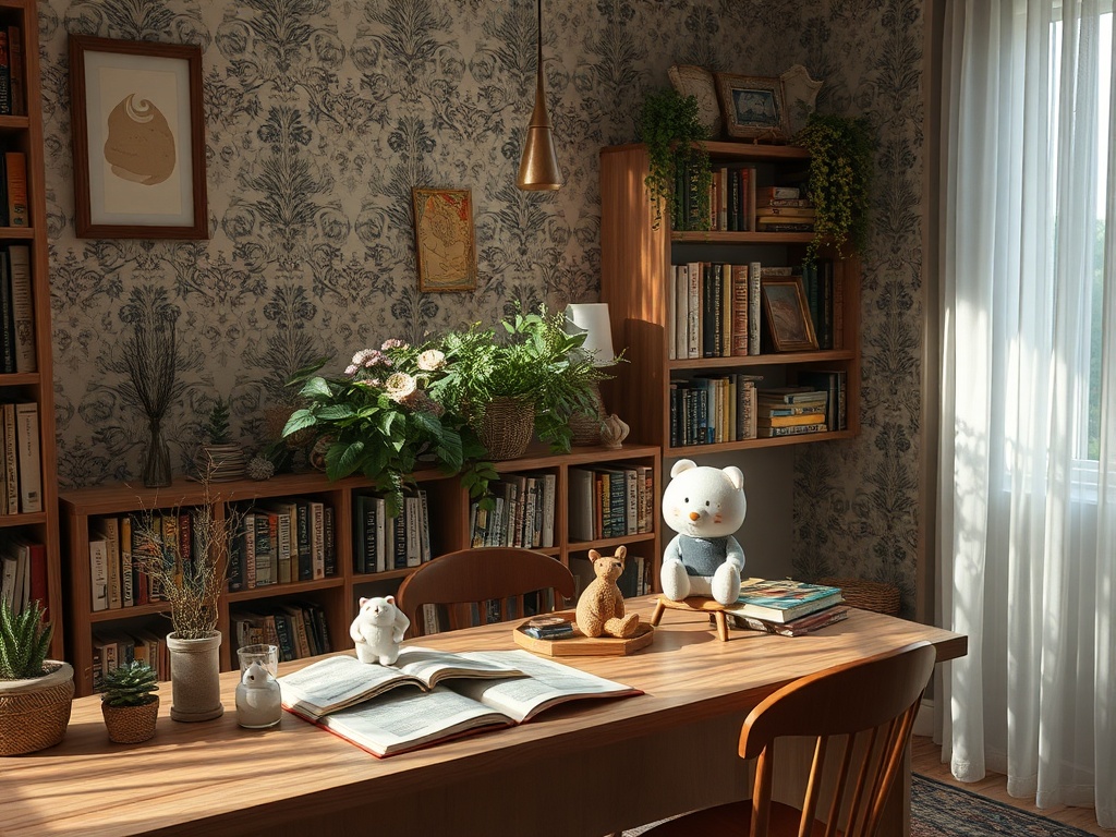 Уютный кабинет с книгами, растениями и игрушками на столе в теплых тонах. Нежный свет из окна.