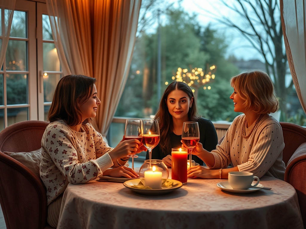 Три женщины сидят за столом, наслаждаются напитками и общением в уютном вечернем свете.