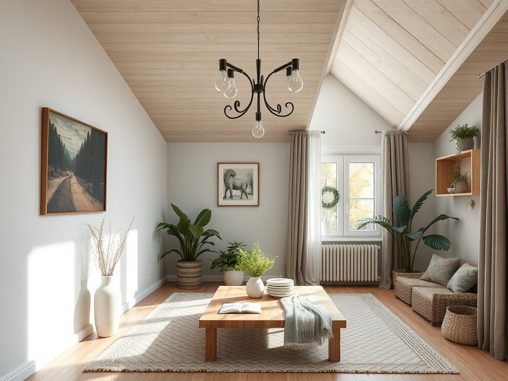 Светлая комната с деревянным потолком, кофейным столом, растениями и уютными креслами на половице.