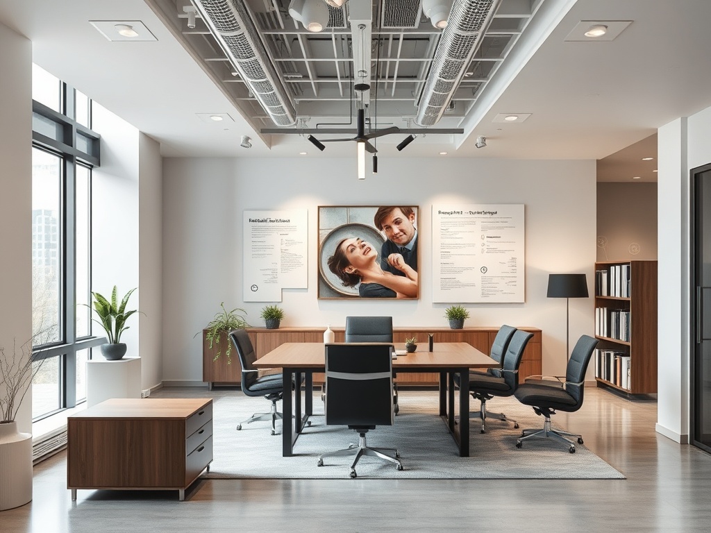 Современный офис с переговорной, деревянной мебелью и растениями. На стенах — картины и информационные плакаты.