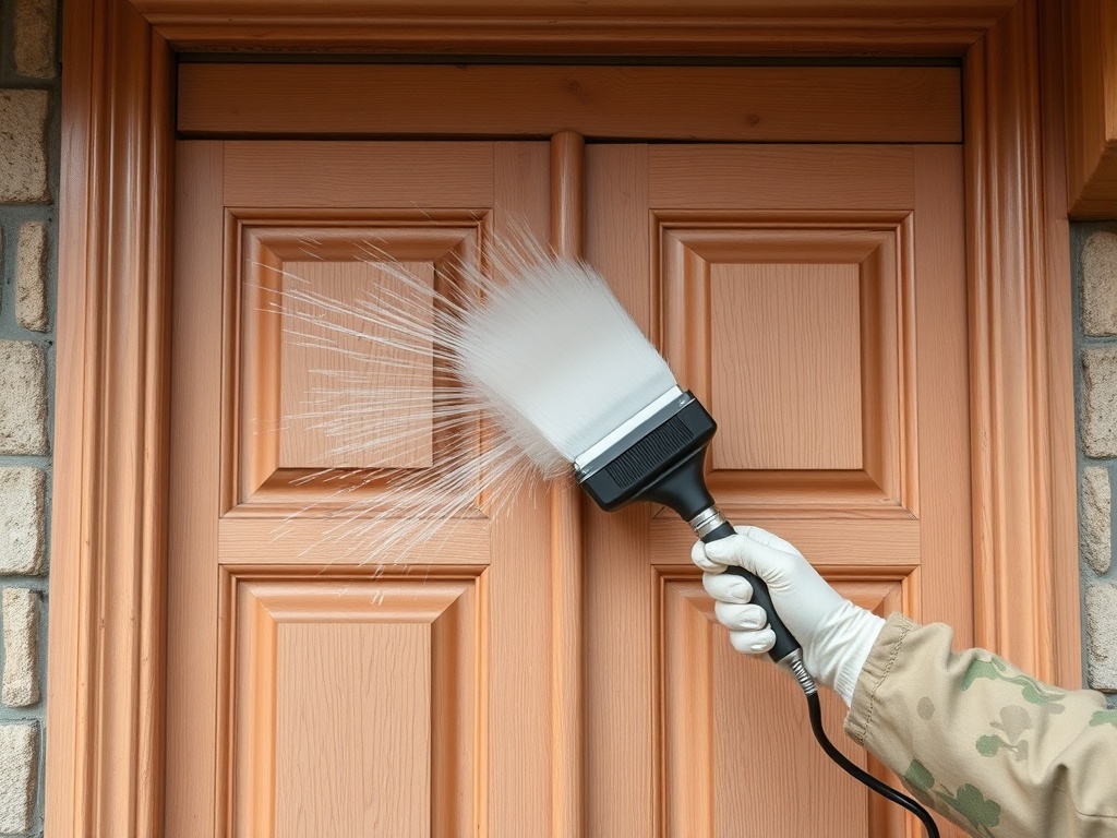 Рука с краскопультом распыляет краску на деревянную дверь, обрамлённую кирпичным рядом.
