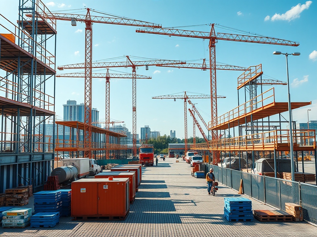 Строительная площадка с кранами, контейнерами и работниками на фоне городских зданий и синего неба.