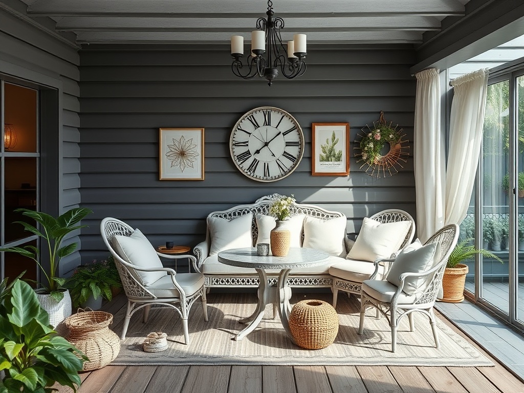 Уютная веранда с плетеной мебелью, растениями и большими окнами, создающая атмосферу релаксации.
