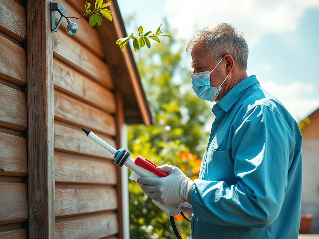 Пожилой мужчина в маске и перчатках обрабатывает стену дома специальным устройством на улице.