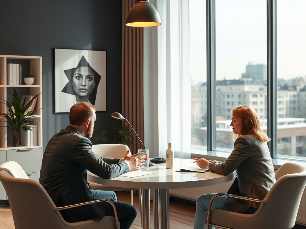 Два человека обсуждают что-то за круглым столом в офисе с большими окнами и современной обстановкой.