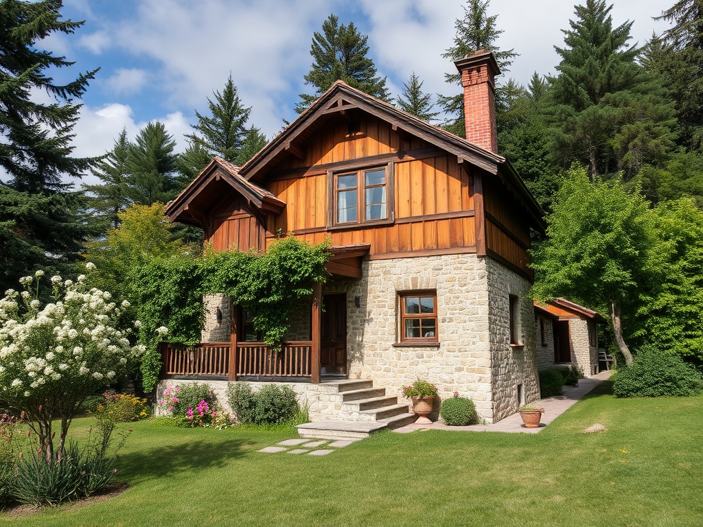 Деревянный дом с каменными стенами, окруженный зелеными деревьями и цветами в ухоженном саду.