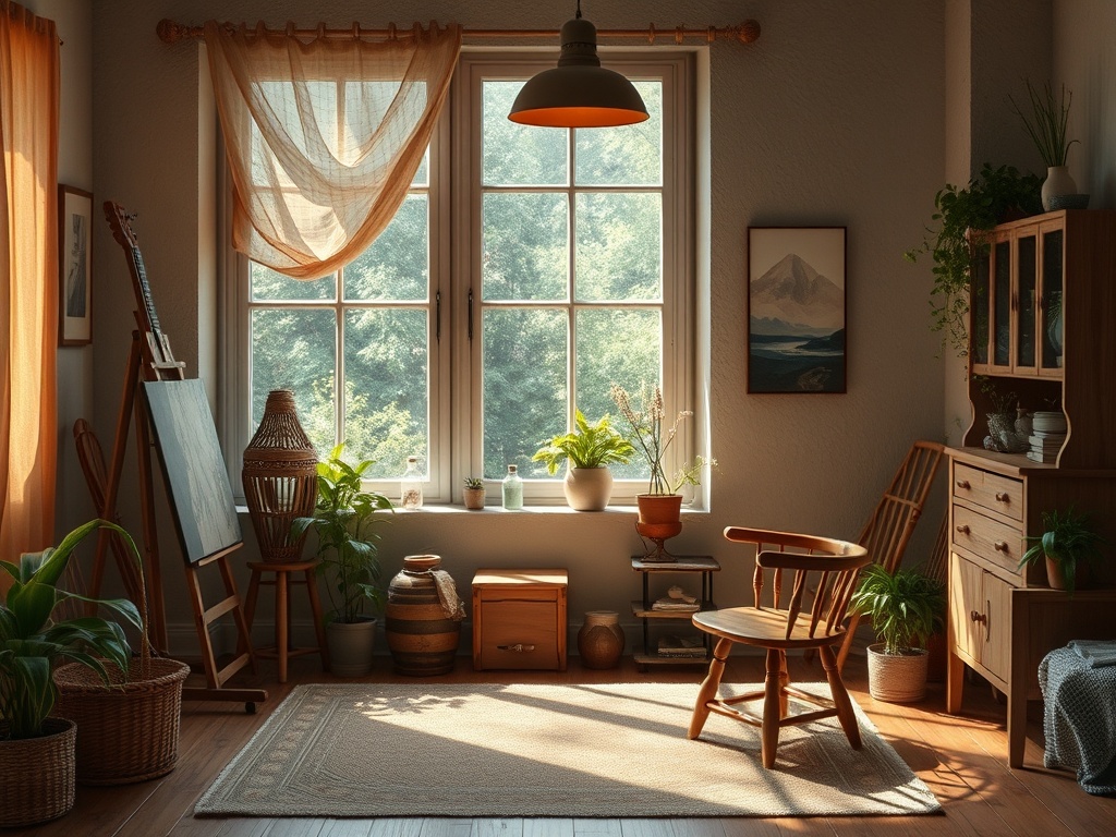 Светлая комната с растениями и уютной мебелью, большое окно с занавесками, теплый свет.