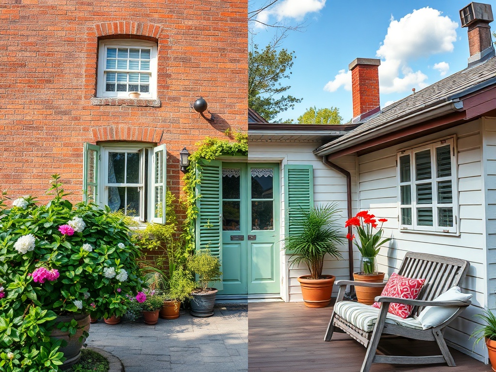 На изображении два вида домов: один из красного кирпича с зелеными ставнями, другой — светлый с террасой и цветами.