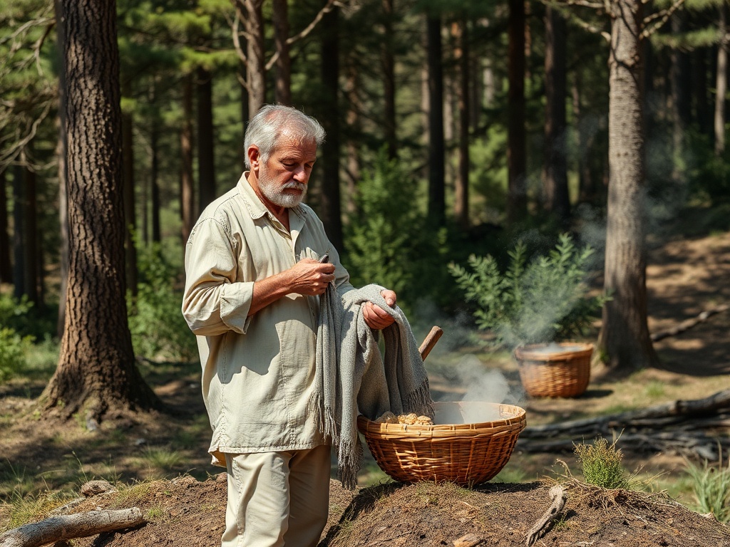 Старший мужчина в лесу готовит что-то в корзине, держа в руках полотенце и прислушиваясь к звукам природы.