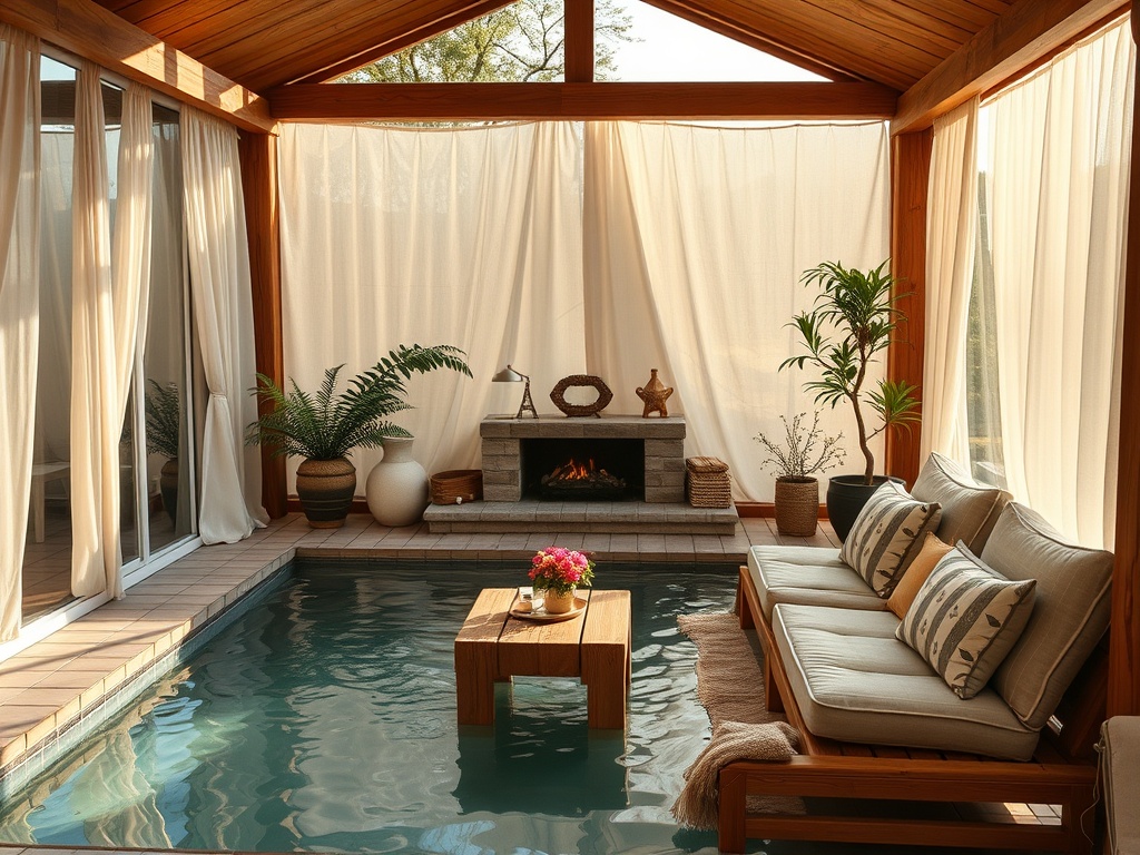 Уютная комната с бассейном, диваном и камином, окруженная зеленью и легкими занавесками.