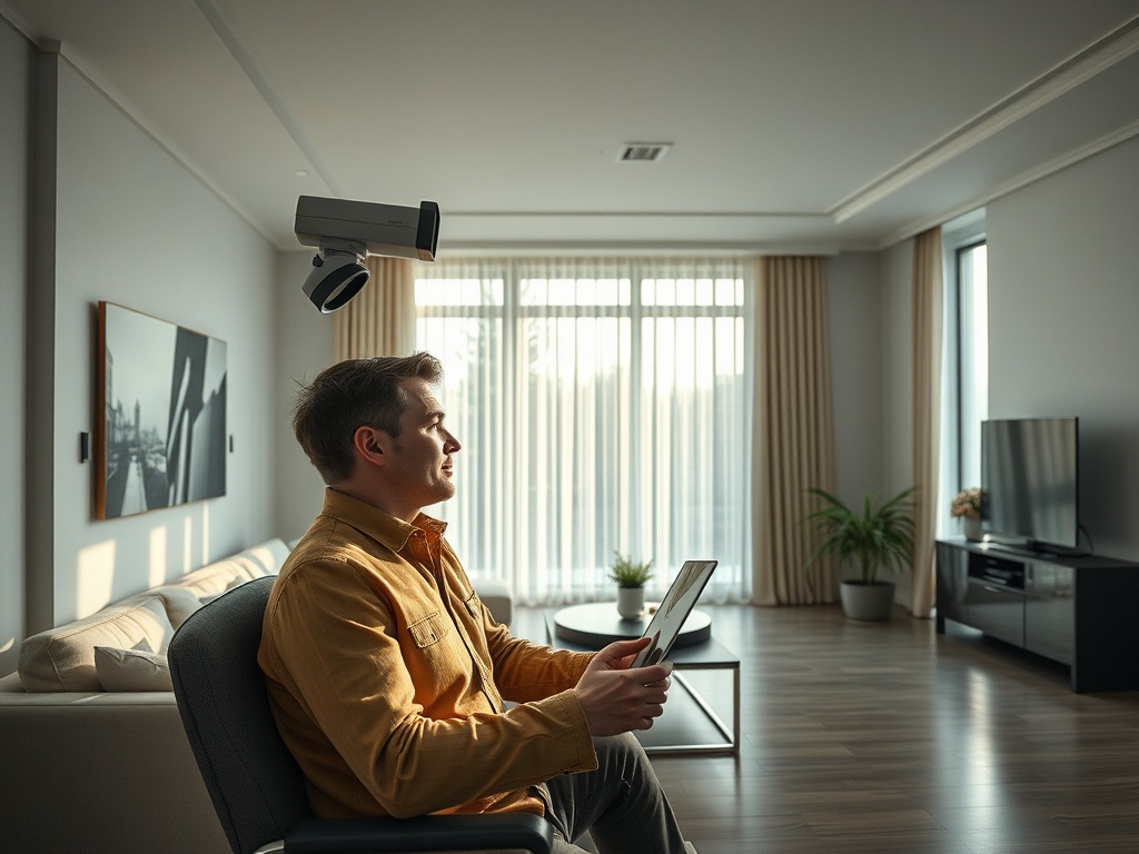 Человек сидит в кресле, держа планшет, с камерой, установленной на стене, в светлой комнате.