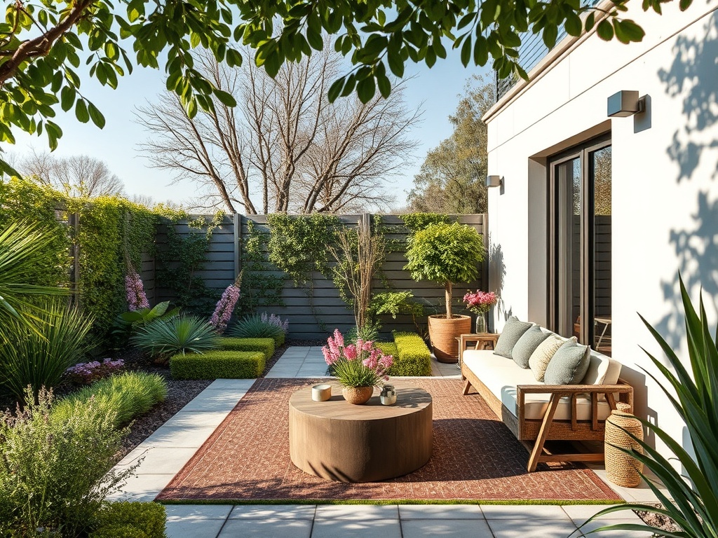 Уютный сад с диваном, круглым столом и зелеными растениями под ясным небом.