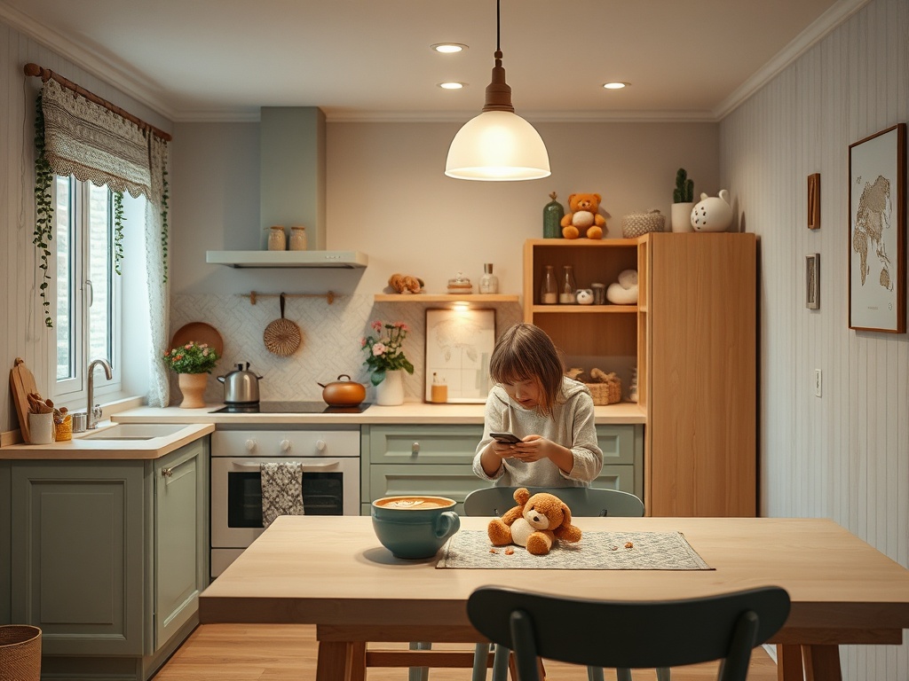 Девочка с телефоном сидит за обеденным столом в светлой кухне с игрушками и растениями.
