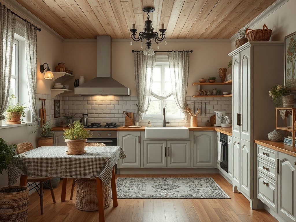 Современная кухня с деревянными элементами, светлыми шкафами и уютным обеденным столом. Растения добавляют уют.