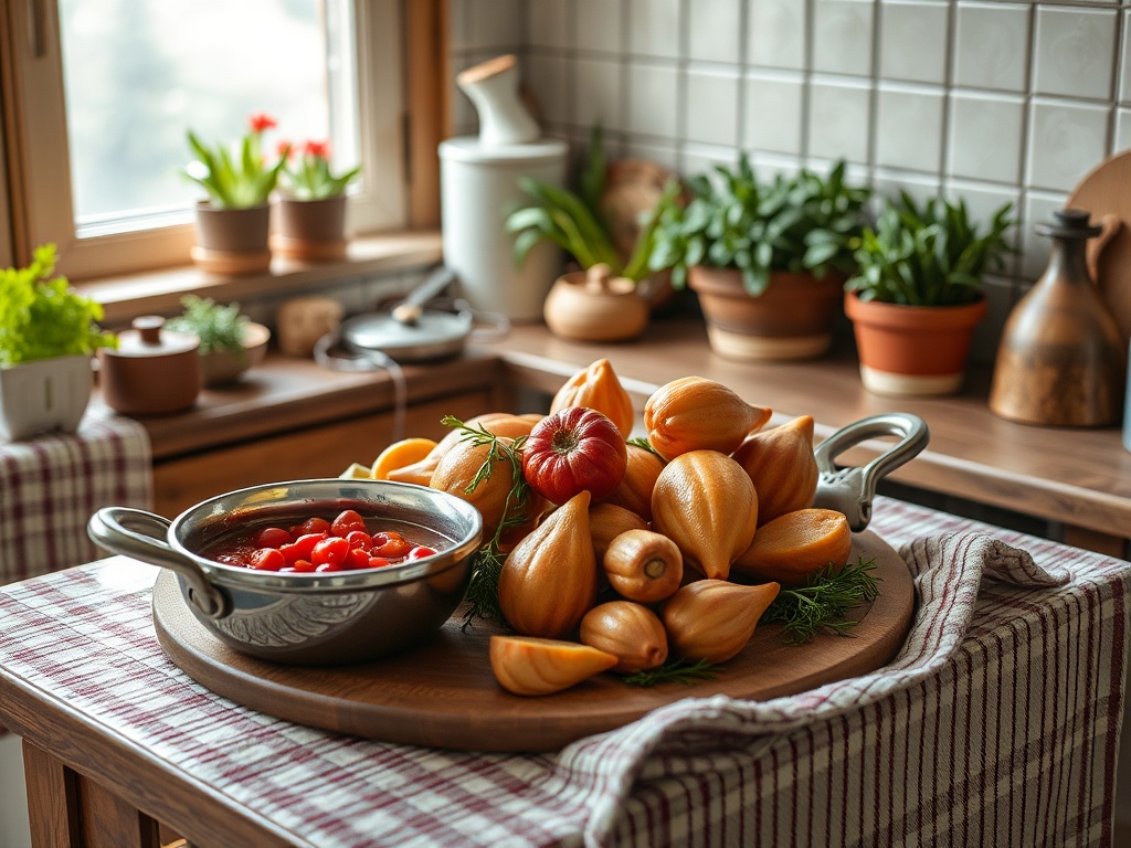 На деревянной доске лежат овощи и соус, а на фоне - уютная кухня с зелеными растениями.